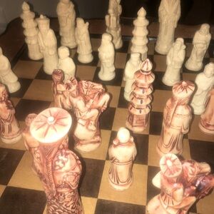Mid20th Century Chinese Asian Style Chess Set With Wood and Brass Foldable Board
